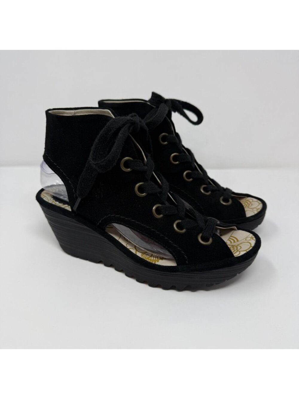 Fly London Yaba Blace Suede Wedge Sandal Lace Up Peep Toe Womens 39 (8)